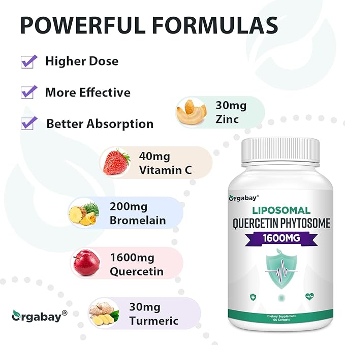 Orgabay Liposomal Quercetin Phytosome 1600 mg,Bromelain 200mg,Zinc 30mg,Vitamin C Turmeric 40 mg,Highest Absorption,Quercetin Complex, 360 Softgels