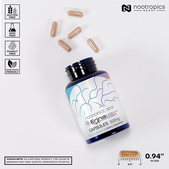 Nootropics Depot Erinamax Lion's Mane 500mg Capsules | Liquid Culture Mycelium | 2.5mg Erinacine A | Mood, Cognition, & Nerve Support | 60 Count