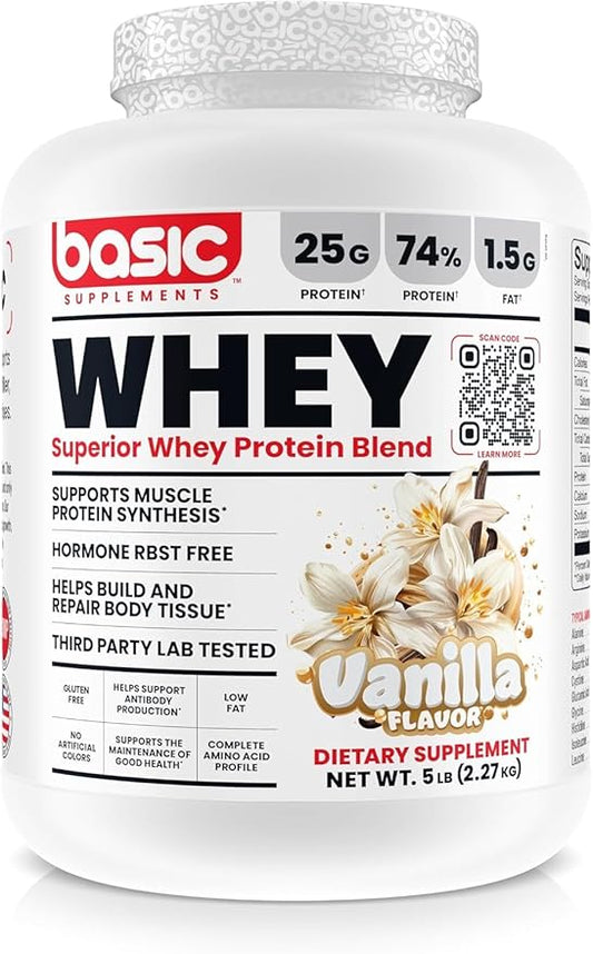 Whey Protein Powder, 25g Protein, Complete Amino Acid Profile, Gluten-Free, Low Fat, RBST-Free, Supports Muscle Recovery & Antibody Health (5 Pound, Vanilla)