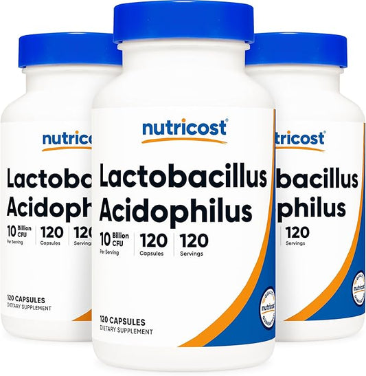 Nutricost Lactobacillus Acidophilus 10 Billion CFU, 120 Veggie Capsules - Probiotic (3 Bottles)