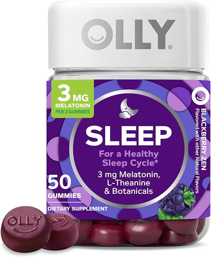 OLLY Restful Sleep Gummy Supplement with Melatonin & L-Theanine Chamomile, Blackberry Zen, 50 Gummies (25 Day Supply) Supports a Healthy Sleep Cycle* (Packaging May Vary)
