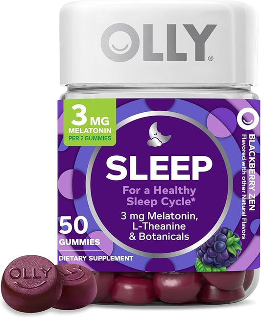 OLLY Restful Sleep Gummy Supplement with Melatonin & L-Theanine Chamomile, Blackberry Zen, 50 Gummies (25 Day Supply) Supports a Healthy Sleep Cycle* (Packaging May Vary)