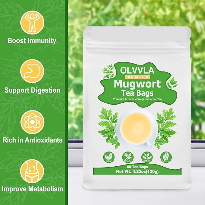 Olvvla - Premium Mugwort Tea - 2g X 60 Count - 100% Pure Natural Mugwort Tea Bag - Caffeine-free - Mugwort Herb Dried - Rich in Antioxidants & Support Digestion