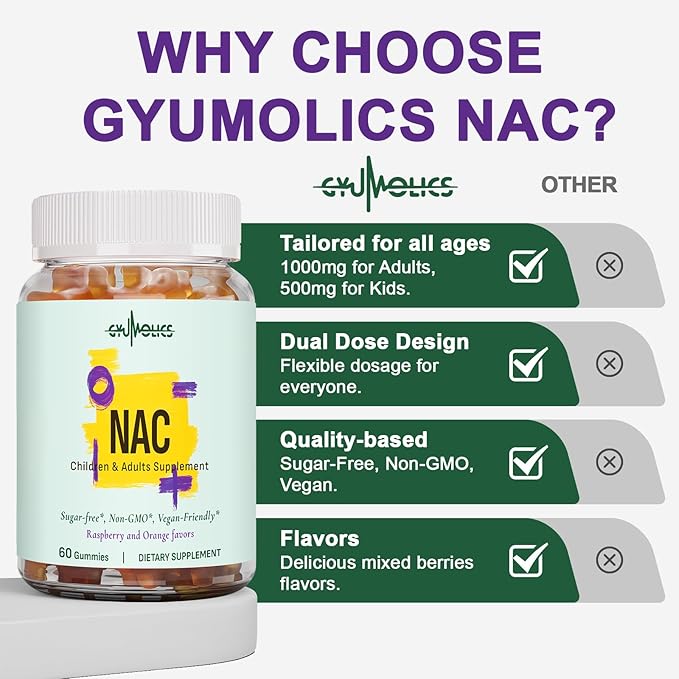 NAC Supplement 1000mg for Adults & 500mg for Kids, N-Acetyl Cysteine Ethyl Ester Gummies, Synergistic Antioxidant, Vegan, Sugar-Free 60 Gummies
