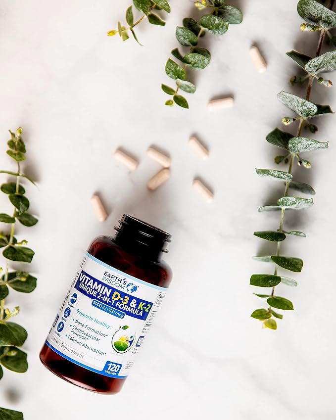 Earth's Wisdom Vitamin D3 5000 IU with K2 (MK7) Formula. Muscle, Bone, Heart & Immune Support. Superior Absorption. 120 Capsules. Free from Gluten, Dairy, Soy. Non-GMO. Manufactured in USA.