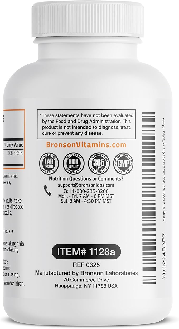Bronson Methyl B12 5000 mcg Vitamin B12 Methylcobalamin Energy & Brain Support 60 Lozenges