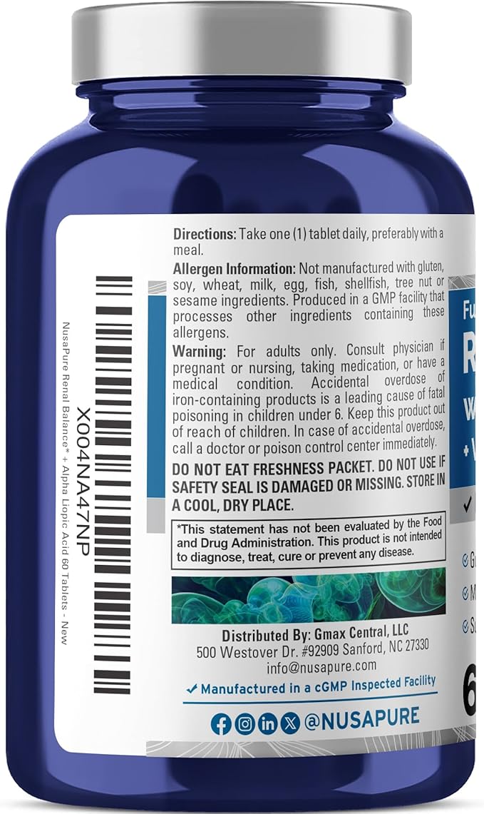 NusaPure Renal Support + Alpha Liopic Acid 165.4 mg Vegetarians Vegans, Non-GMO Per 60 Tablets