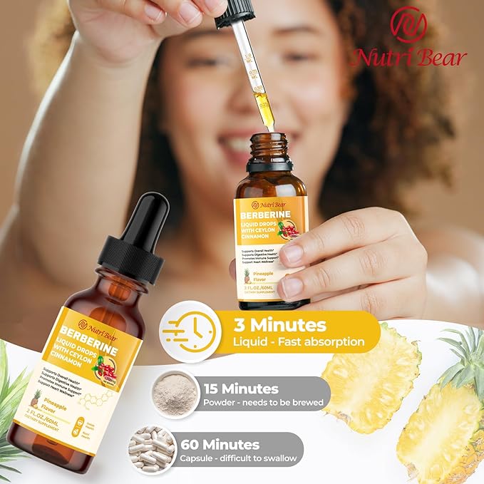 Berberine Supplement with Ceylon Cinnamon, Berberine HCL Liquid Drops with Turmeric, Bitter Melon, Quercetin, 10X Strength AMPK for Digestion System, Immune Health Support -Vegetarian, 2 fl oz