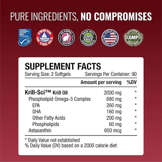 Approved Science Krill Oil - 2000mg Antarctic Krill Oil, 650mcg Astaxanthin - 260mg EPA, 160mg DHA - 180 Softgels