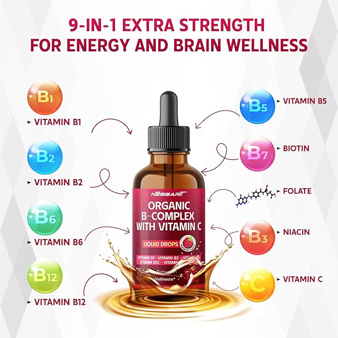 Organic B-Complex Liquid Drops with Vitamin C - B1, B2, B6, B12, B5, Niacin - Energy Support, Brain Wellness - Raspberry Flavor - Made in USA - 2.0 fl oz (60ml)