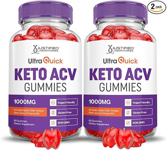 Justified Laboratories (2 Pack Ultra Quick Keto ACV Advanced Formula 1000MG Apple Cider Vinegar Formulated with Pomegranate Beet Juice Powder B12 Vegan Non GMO 120 Gummies