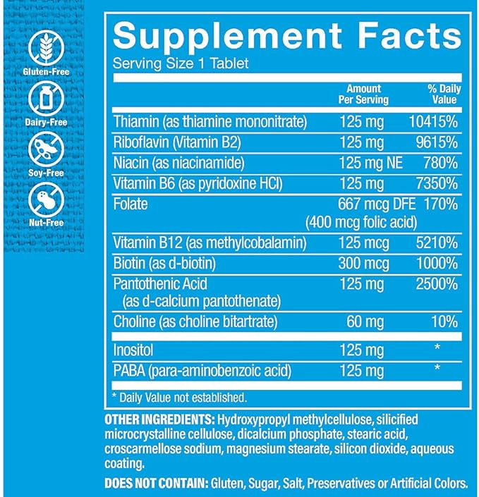 The Vitamin Shoppe B-Complex 125 – Supports Energy Production, Nervous System Function & Nutrient Metabolism – Excellent Source of B1, B2, B6, B12, Niacin, Folic Acid & Biotin (300 Tablets)