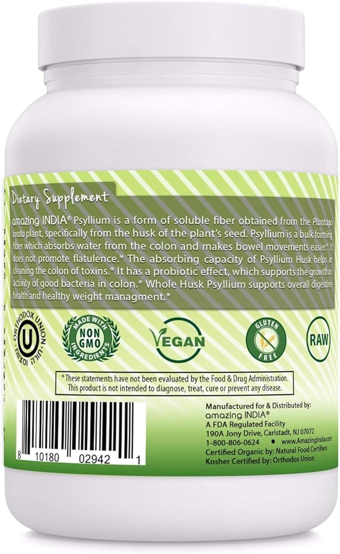 Amazing India USDA Certified Organic Whole Psyllium Husk Powder (Non-GMO) - Excellent Source of Soluble Fiber - Helps Promote Regularity - Promotes Intestinal Health (1 Lb)