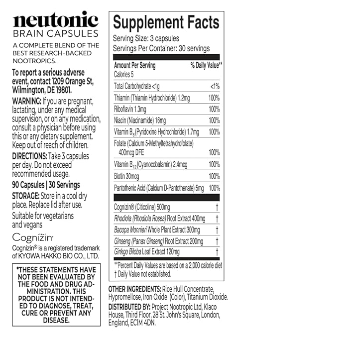 Neutonic Nootropic Brain Supplement | 1 Month Supply 90 Capsules | For Men and Women | Support Memory, Mental Clarity, Cognitive Function | Boost Focus, Energy, Brain Health