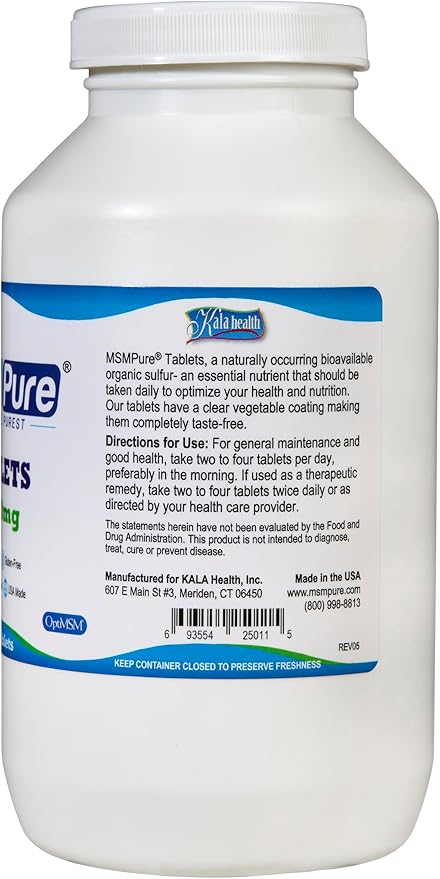 KALA HEALTH MSMPure MSM Tablets – 1,000 mg US-Made MSM per Tablet for Joint Health, Skin Appearance, Hair & Nail Support – Coated for Easy Swallowing, Tasteless – 360 Count