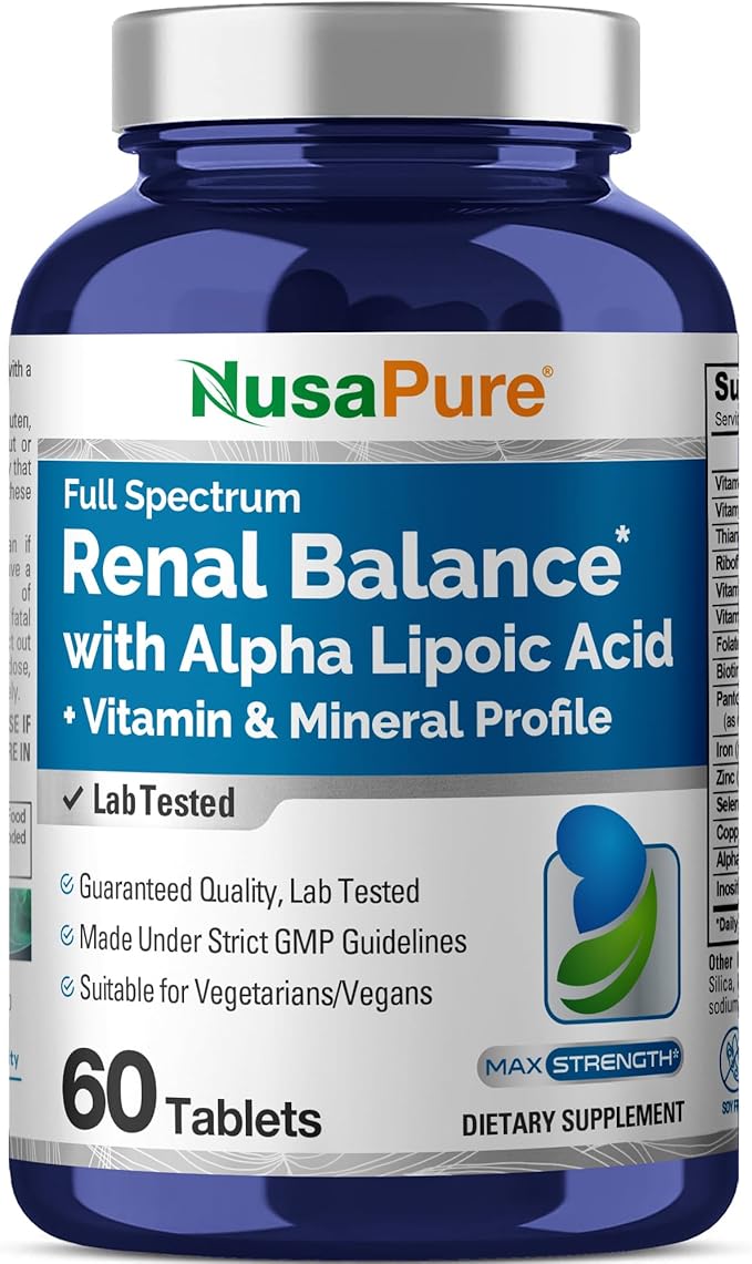 NusaPure Renal Support + Alpha Liopic Acid 165.4 mg Vegetarians Vegans, Non-GMO Per 60 Tablets