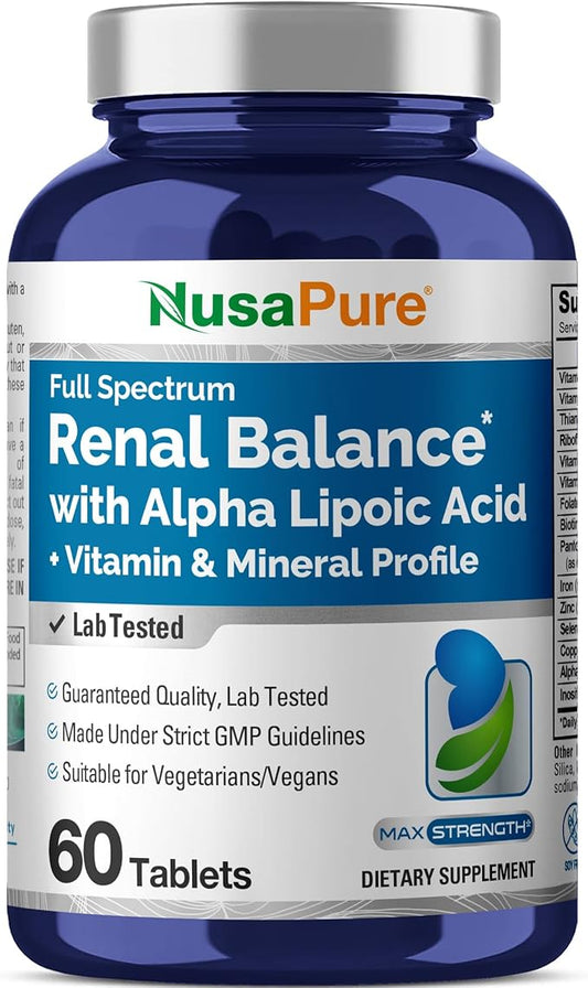NusaPure Renal Support + Alpha Liopic Acid 165.4 mg Vegetarians Vegans, Non-GMO Per 60 Tablets