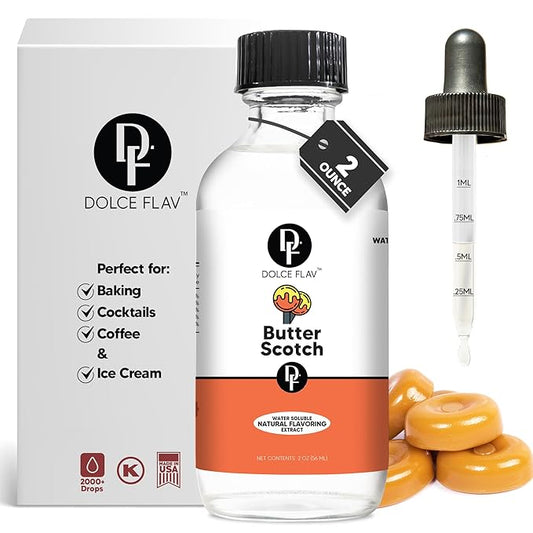 Dolce Flav Natural Butterscotch Extract 2 oz – Kosher, Sugar-Free, Concentrated Rich Butterscotch Flavoring for Baking, Beverages & Desserts, Includes Measured Dropper