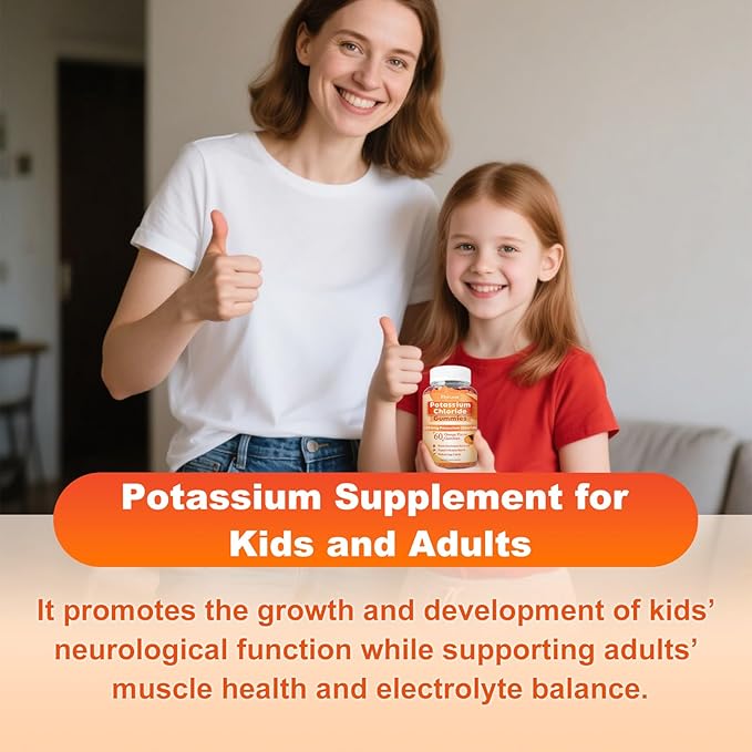 2 Pack Potassium Gummies, Potassium Chloride 1200mg for Adults, Sugar-Free Potassium Supplement Gummies Support Electrolyte Balance & Leg Cramps for Women & Men, Orange Flavor, Vegan, 120 Count