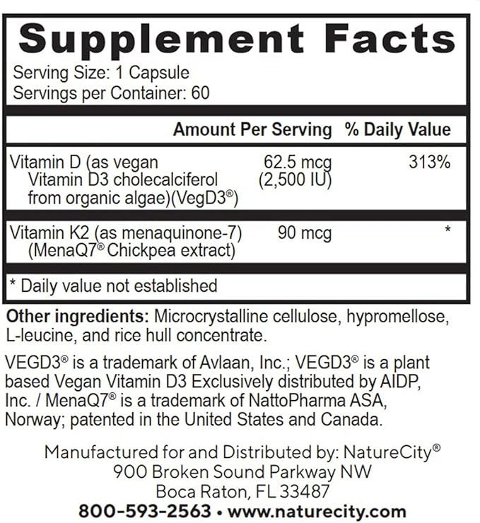 NatureCity TrueK2D3 Plant Based Vitamin K2 MK7 (90 mcg) & D3 from Algae(2,500 IU) 2 in 1 Vitamin D3 K2 Supplement for Bone, Heart and Immune Health – 60 Veggie Capsules