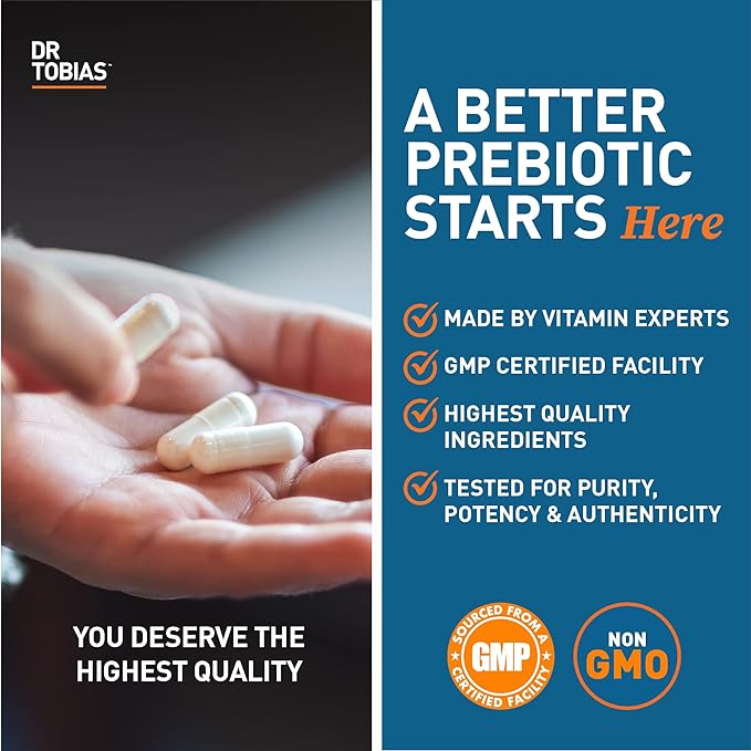 Dr. Tobias Prebiotics Digestive Support, Advanced Prebiotic Supplement for Gut Health, Immune Function & Boost for Probiotics for Women & Men, Vegan, Non-GMO, 60 Capsules, 60 Servings