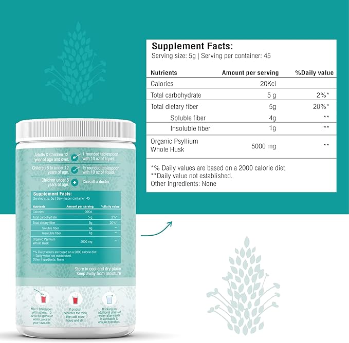 Psyllium Husk Powder Organic 8 oz - Isabgol - Whole Psyllium Husk Fiber Supplement for Digestive Health & Regularity - Gluten-Free, USDA Organic, Kosher