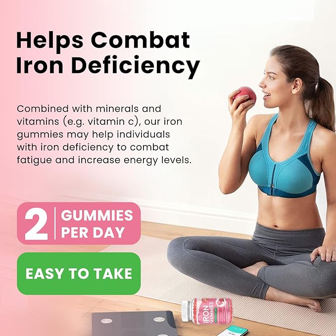 Iron Gummies with Multivitamin, Iron Supplement for Women & Men, Kids Multivitamin with Zinc, Vitamin B Complex & C, B12, Folate - Blood Builder, Energy Support, Peach Flavor, Vegan 120 Gummies