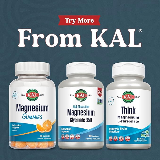 KAL Magnesium Glycinate Capsules, Fully Chelated Magnesium Bisglycinate, High Absorption Magnesium Supplement, Healthy Bones, Muscle, Relaxation and Stress Support, Non-GMO 160 count