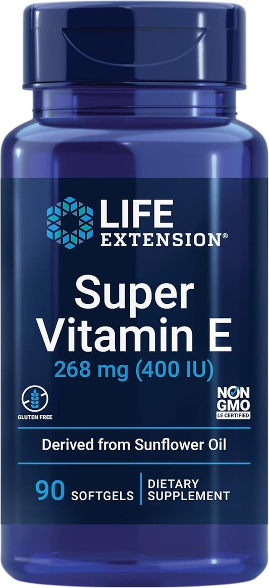 Life Extension Super Vitamin E, 268 mg (400 IU), Non-Synthetic Vitamin E Supplement Promotes Whole-Body Health, Gluten-Free, Non-GMO, 90 softgels