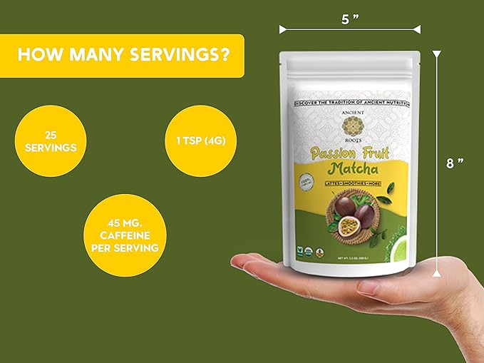 Ancient Roots Passion Fruit Matcha Mix – Organic Green Tea Powder for Lattes, Smoothies, & Baking Matcha Powder, Antioxident 100% Natural, Vegan, Gluten-Free (3.5 OZ, Passion Fruit)