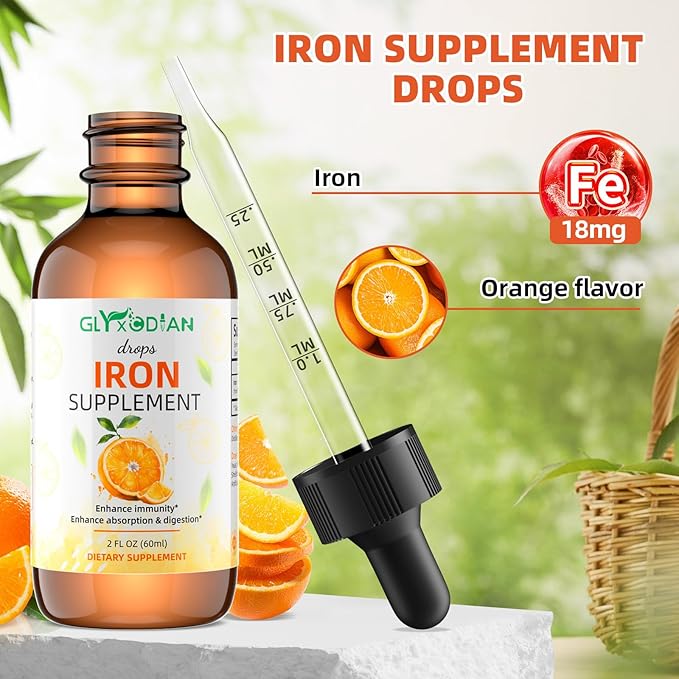 Iron Liquid Drops for Women & Men： Iron Drop 60ml 98% Absorption Liquid Iron Supplement Drops Supports Immunity Energy Red Blood Cell Production Relieves Fatigue Dizziness Natural Orange Flavor