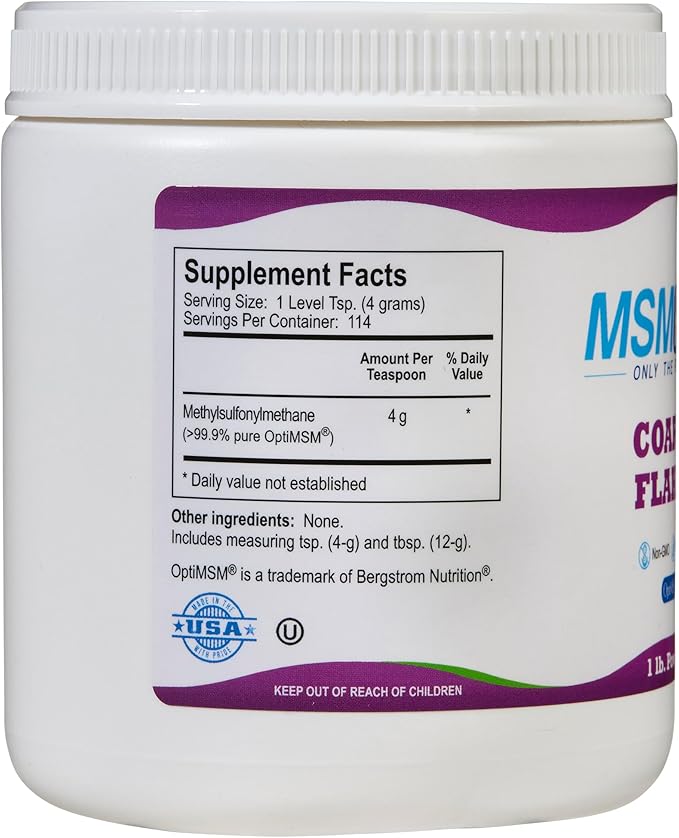 KALA HEALTH MSMPure Coarse MSM Powder Flakes – US-Made MSM for Joint Health, Skin Appearance, and Hair & Nail Support – 1 lb, Organic Sulfur