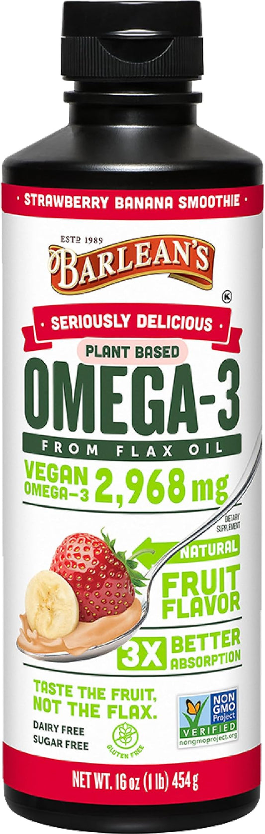 Barlean's Vegan Omega 3 6 9 Flaxseed Oil Liquid Supplement, Strawberry Banana Smoothie, Flax Seeds Oil with 2,968 mg ALA Fatty Acid, Non-GMO and Gluten Free, 16 oz