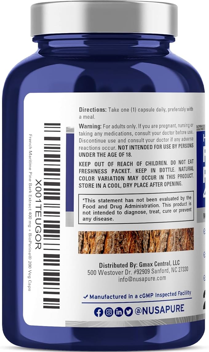 NusaPure French Maritime Pine Bark Extract 400mg per Veggie Caps 200-Day Supply Bioperine Non-GMO Vegan