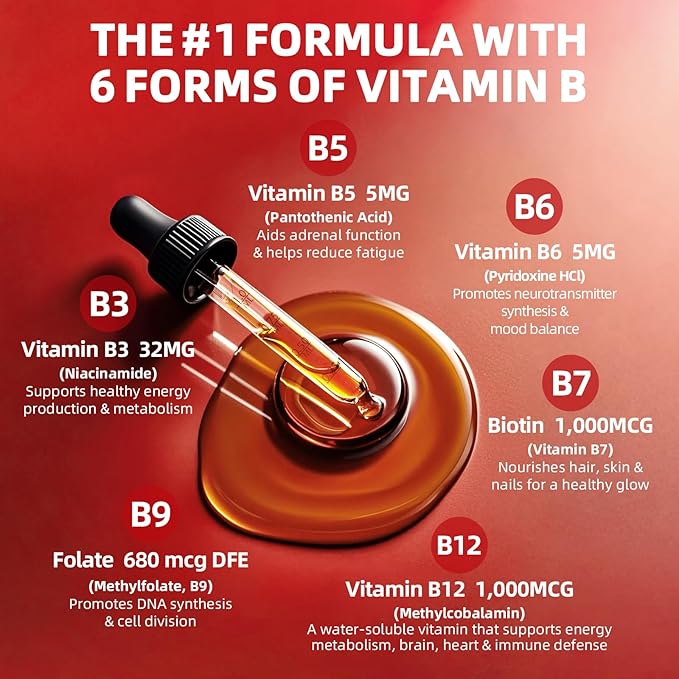 Super B-Complex Liquid Drops | B12 Methylcobalamin + Methyl Folate | B Vitamins Complex w/B3,B5,B6,B7, Ashwagandha & L-Theanine for Energy, Focus & Immunity, Vegan Raspberry 2fl Oz