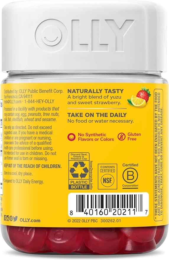 OLLY Extra Strength Daily Energy Gummy, Caffeine Free, 1000mcg Vitamin B12, CoQ10, Goji Berry, Adult Chewable Supplement, Berry Yuzu Flavor - 60 Count