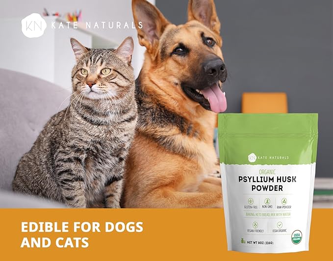 Kate Naturals Psyllium Husk Powder for Baking, Fiber. Psyllium Seed Powder for Dogs & Cats (8oz, Organic, Gluten Free, Pet Safe)