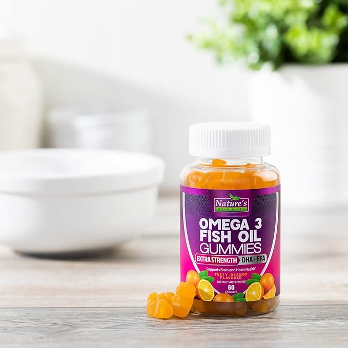 Omega 3 Fish Oil Gummies Triple Strength Vitamin - DHA & EPA with Fatty Acids for Heart Health, Joint, Brain Support Fish Oil Omega-3 Supplement Nature's High Absorption Orange Flavor Gummy, 60 Count