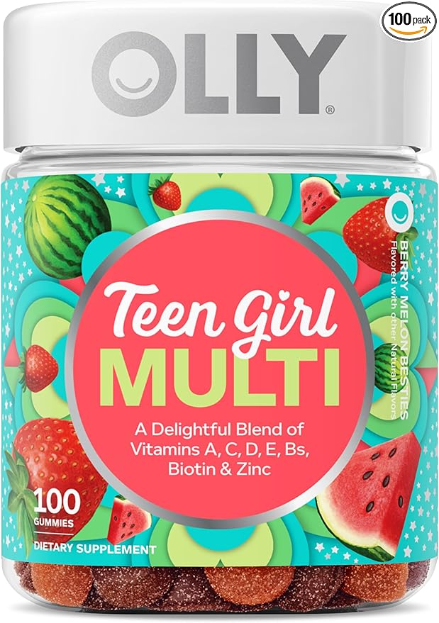 OLLY Teen Girl Multi Gummy, Healthy Skin and Immune Support*, Essential Vitamins, Biotin, Zinc, Chewable Multivitamin, Strawberry Melon Flavored, 50 Day Supply - 100 Count