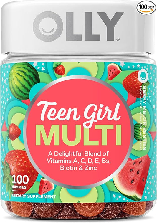 OLLY Teen Girl Multi Gummy, Healthy Skin and Immune Support*, Essential Vitamins, Biotin, Zinc, Chewable Multivitamin, Strawberry Melon Flavored, 50 Day Supply - 100 Count