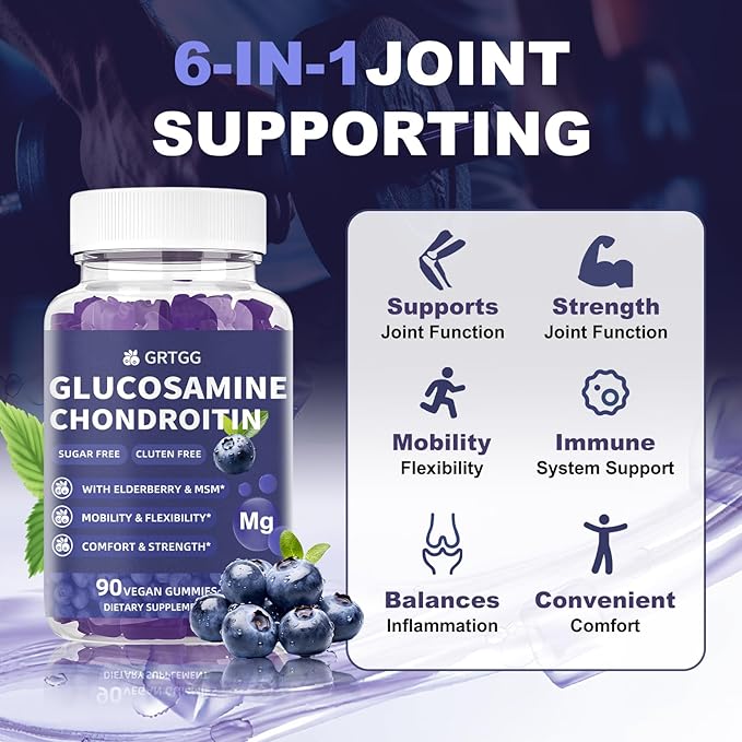 Glucosamine Chondroitin Gummies with MSM & Elderberry Extra Strength 3000MG - Joint Support, Antioxidant Immune Support Supplement for Adults, Men & Women - 90 Blueberry Gummies