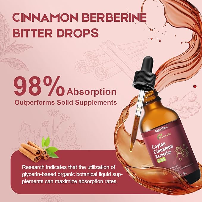 2 Pack Ceylon Cinnamon Berberine Bitter Liquid Drops Supplement with Turmeric,Green Tea,Apple Cider Vinegar,Black Seed Oil 4 FL OZ