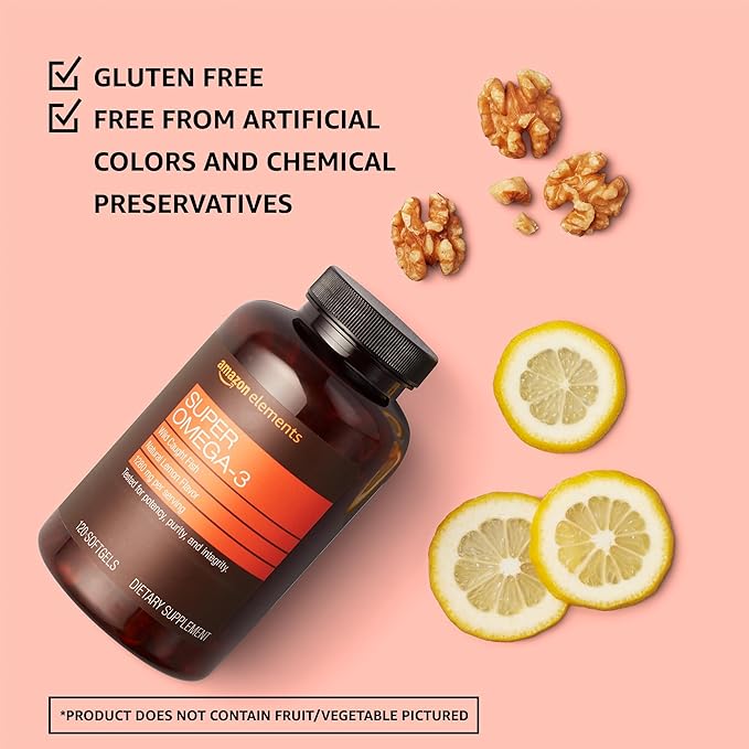 Amazon Elements Super Omega-3, EPA & DHA Omega-3 fatty acids (1280 mg per Serving, 2 Softgels), Natural Lemon Flavor, 120 Count (Packaging may vary)