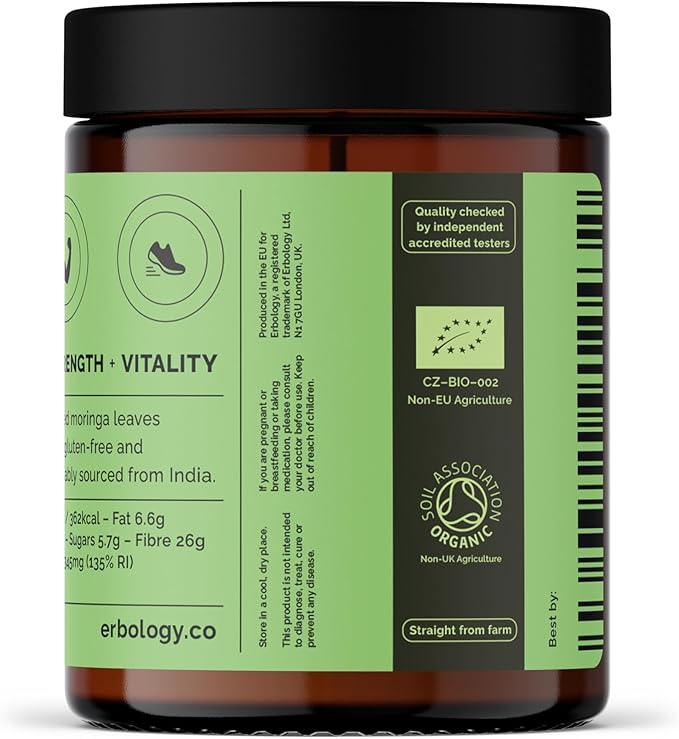 Erbology Organic Moringa Leaf Powder 3.2 oz - 45 Servings - Body Cleansing - Immunity Support - Rich in Iron - Sustainably Sourced Straight from Farm in India - Small Batch - Vegan - GMO-Free