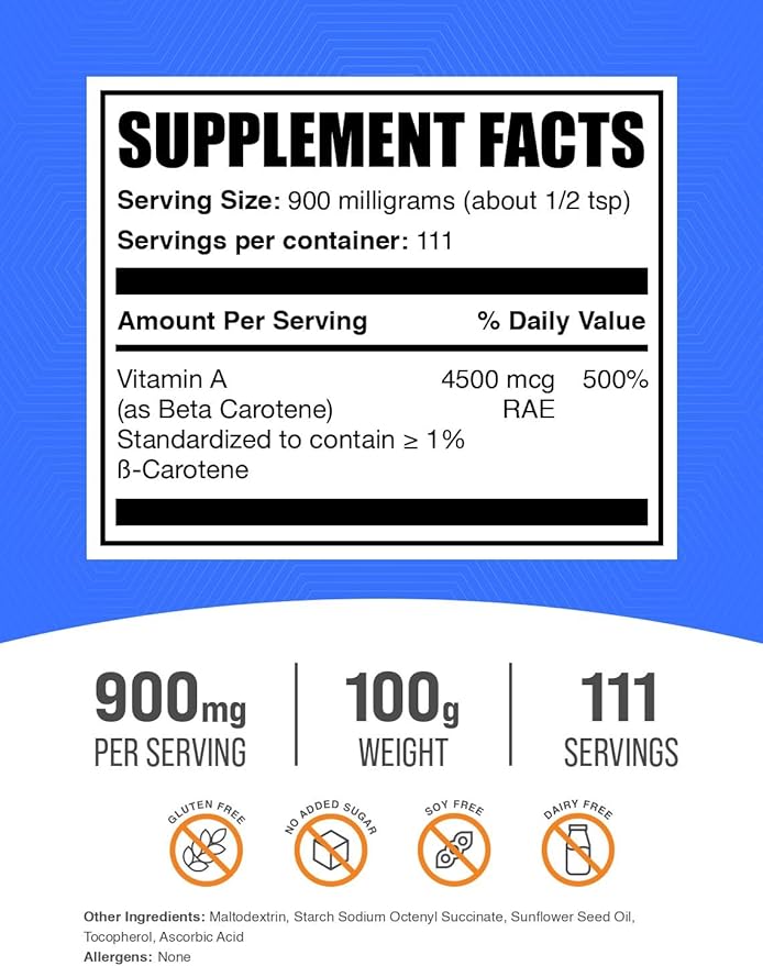 BulkSupplements.com Beta Carotene Powder - Vitamin A Supplements, Beta Carotene Supplements - for Vision & Eye Support, Gluten Free, 900mg per Serving, 100g (3.5 oz) (Pack of 1)