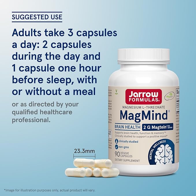 Jarrow Formulas Magnesium L-Threonate, MagMind Magtein Brain Supplements for Memory Support, 90 Veggie Capsules, Up to a 30 Day Supply