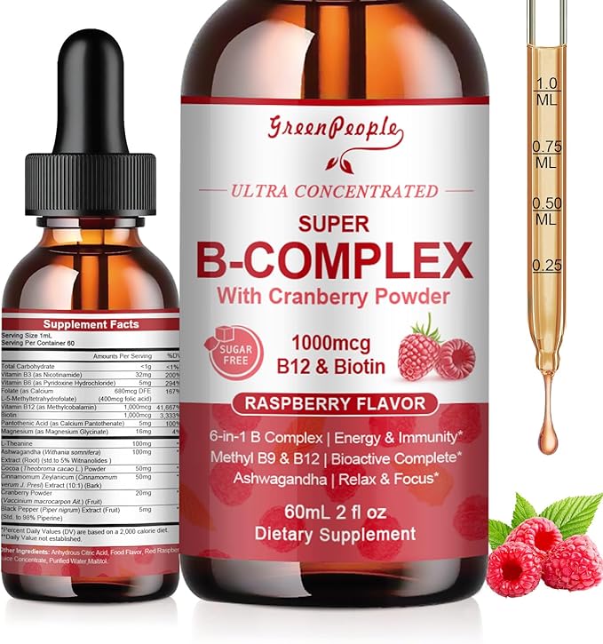 Super B-Complex Liquid Drops | B12 Methylcobalamin + Methyl Folate | B Vitamins Complex w/B3,B5,B6,B7, Ashwagandha & L-Theanine for Energy, Focus & Immunity, Vegan Raspberry 2fl Oz