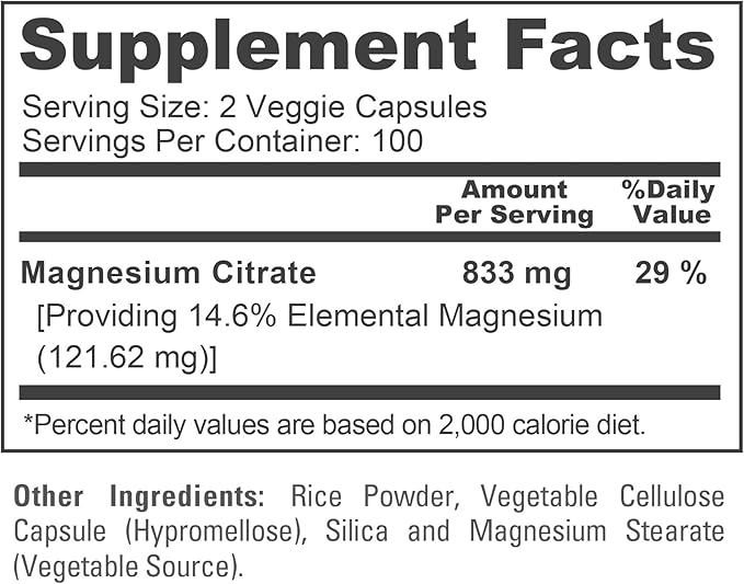 NusaPure Magnesium Citrate 833mg - 200 Veggie Capsules (Vegetarian, Non-GMO, Vegan)