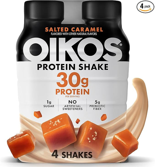 Oikos Protein Shake, Salted Caramel, 30g High Protein Drinks, Shelf Stable, Ready to Drink, 5g Prebiotic Fiber, 12 fl oz Bottle, 4 Count