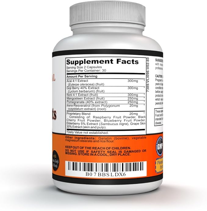Super Antioxidant Capsules – 6 Superfruit Blend with Goji Berry, Acai, Resveratrol for Immune Support – Skin Health & Daily Wellness – 60 Count Made in USA